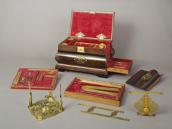 Mathematical Instrument Chest of Charles I, Landgrave of Hesse-Kassel, Johann Heinrich Burchart (German (Hamburg, probably), 1600–1699), Case: walnut wood, velvet, brass (gilded); instruments: brass (gilded), steel, glass, wood, German, Hamburg 