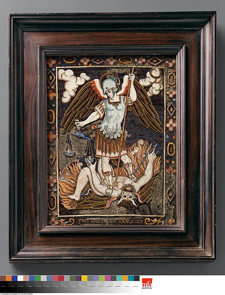 St. Michael Slaying the Devil (S. Michael Archangelus), Feathers (cut), paper (some gilded), copper, ebony, Mexican 