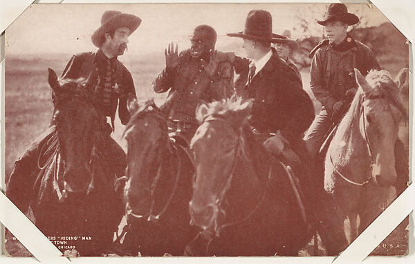 Western Rangers "riding" man out of town from Western Stars or Scenes Exhibit Cards series (W412), Exhibit Supply Company, Commercial color photolithograph 