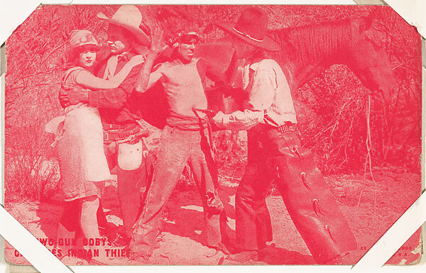 Two-Gun Dobys captures Indian thief from Western Stars or Scenes Exhibit Cards series (W412), Exhibit Supply Company, Commercial color photolithograph 