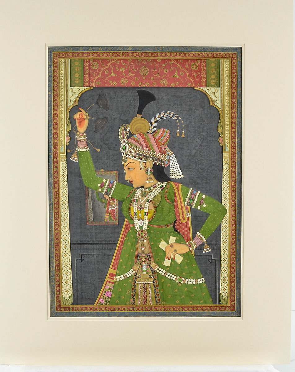 A Woman of the Court Dressed as Radha, Attributed to Ramji working in the workshop of Sahib Ram, Opaque watercolor, gold and silver on paper, India (Jaipur, Rajasthan) 