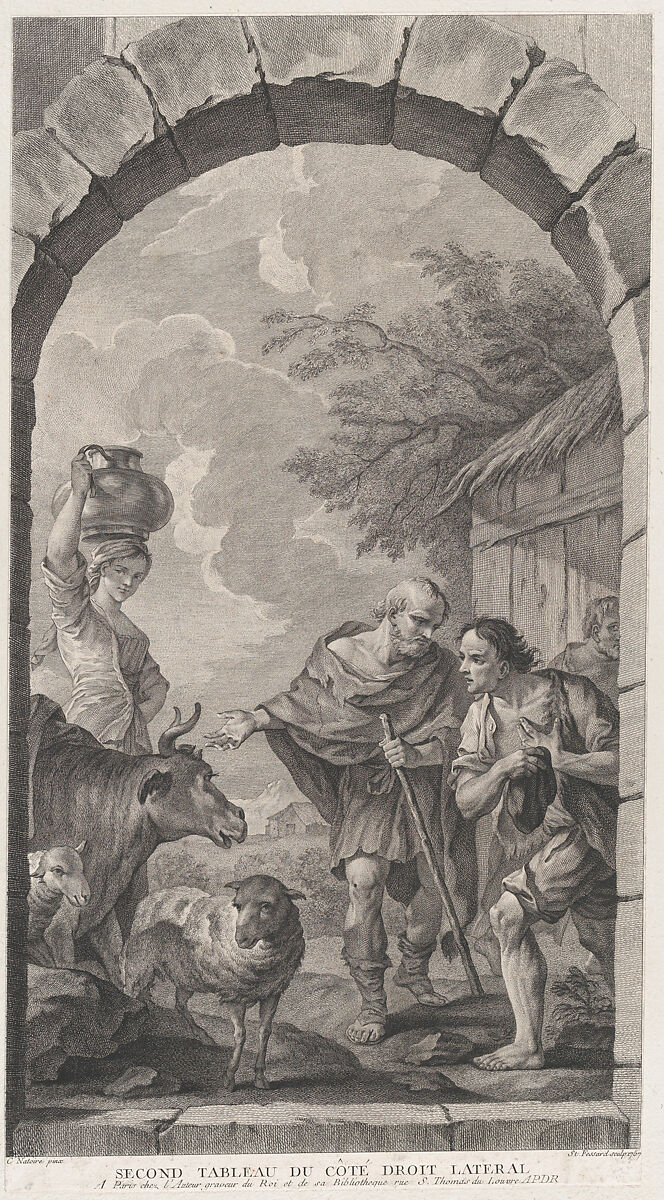 The Chapel of the Enfants-Trouvés in Paris: Groupe des bergers devant une chaumière, Etienne Fessard (French, Paris 1714–1777 Paris), Etching and engraving 