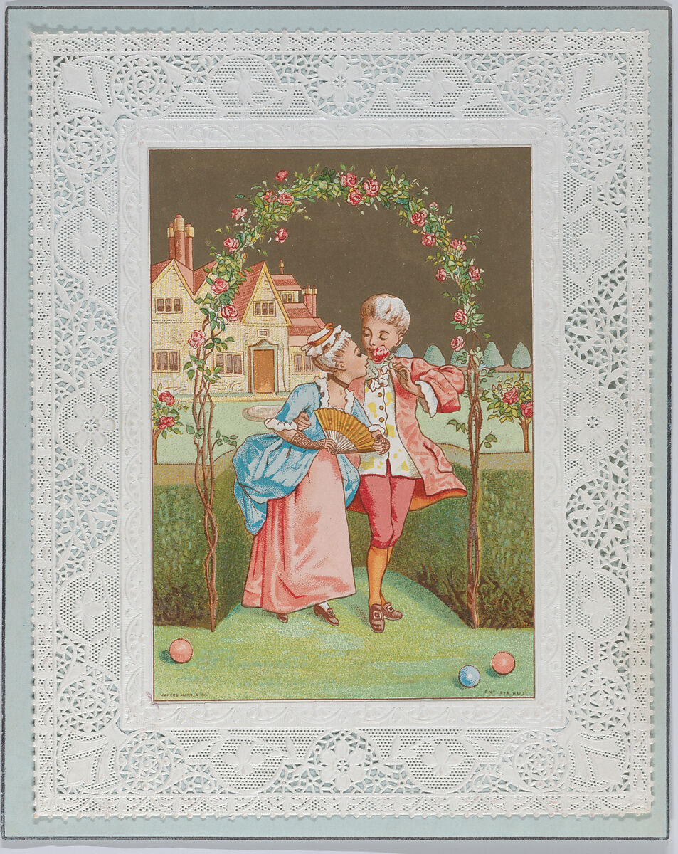 Valentine, Kate Greenaway (British, London 1846–1901 London), White card stock with gilding; chromolithography, gold lithography, blue paper, blue watercolor, cameo-embossed lace paper 