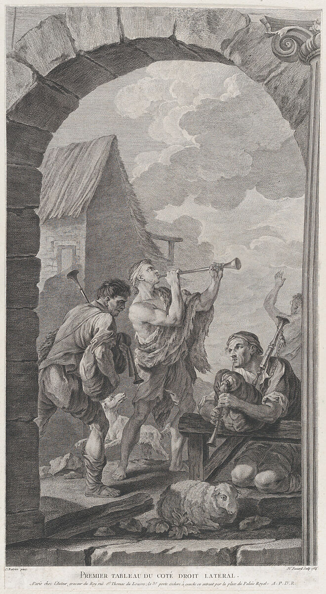 The Chapel of the Enfants-Trouvés in Paris: Groupe des bergers: joueurs de trompes et de musette, Etienne Fessard (French, Paris 1714–1777 Paris), Etching and engraving 