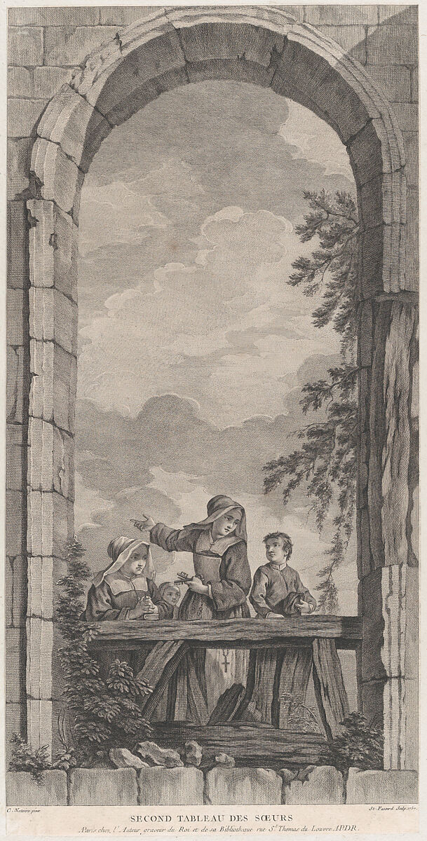 The Chapel of the Enfants-Trouvés in Paris: Religieuses et garçonnets regardant la crèche, Etienne Fessard (French, Paris 1714–1777 Paris), Etching and engraving 