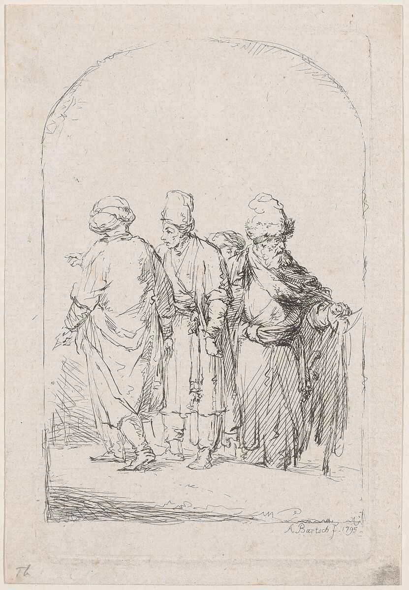Group of four standing men in oriental costume, Adam von Bartsch (Austrian, Vienna 1757–1821 Vienna), Etching; second state of two (Rieger) 