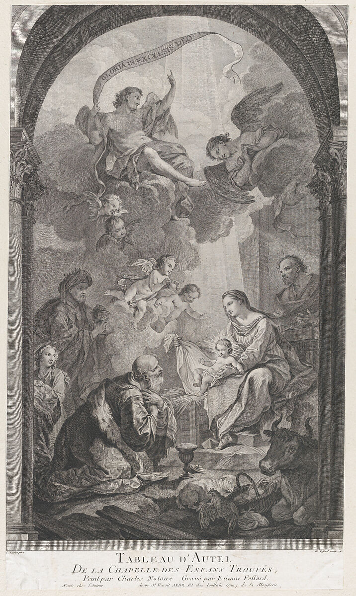 The Chapel of the Enfants-Trouvés in Paris: Les Rois mages Gaspard et Melchoir adorant l'Enfant Jésus, Etienne Fessard (French, Paris 1714–1777 Paris), Etching and engraving 