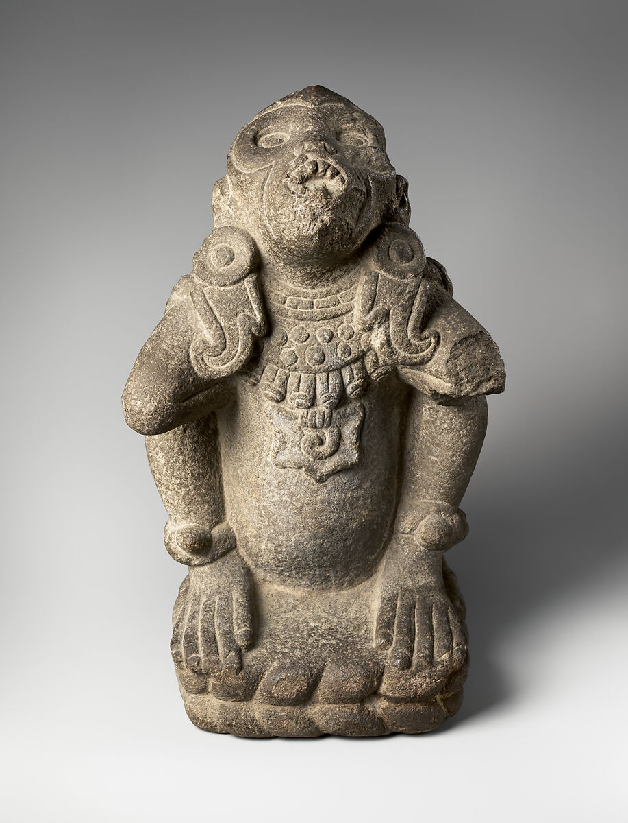 Spider monkey wearing wind god regalia, Mexica artist(s), Stone, Mexica (Aztec)