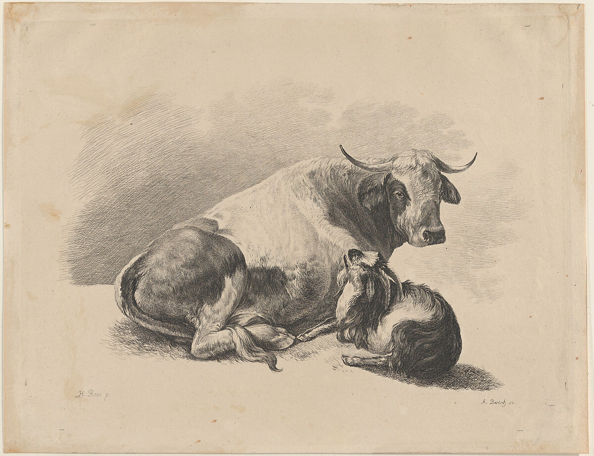 Cow and goat lying down, Adam von Bartsch (Austrian, Vienna 1757–1821 Vienna), Etching and engraving; third state of three 
