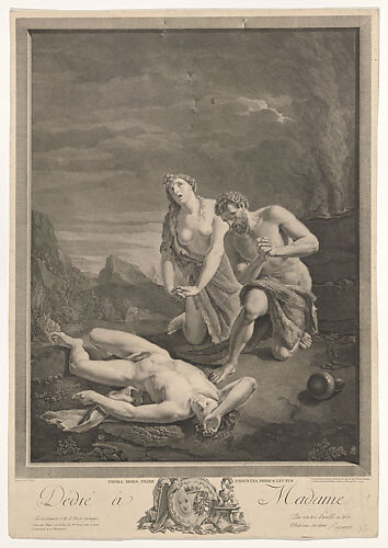 Adam and Eve kneeling at right and lamenting the death of Abel, who is lying in the foreground