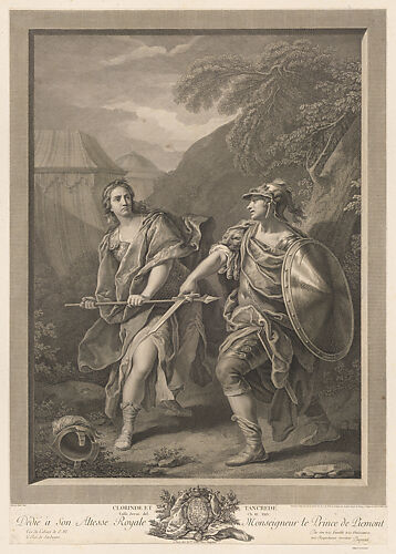 Clorinda attacking Tancred with a spear, Tancred blocking her with his sword