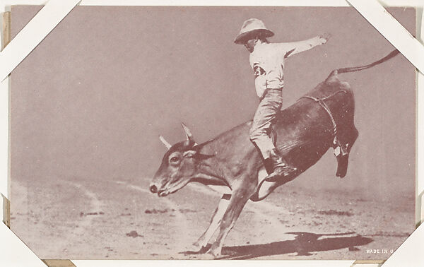 Cowboy riding bucking bull from Indians and Western Historical Scenes series (W417), Commercial color photolithograph 