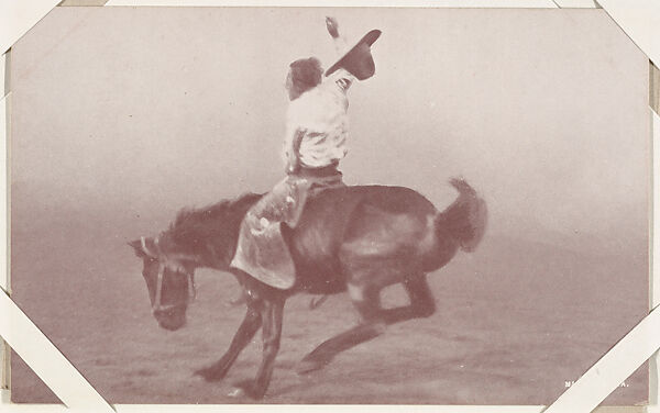 Cowboy riding bucking bronco from Indians and Western Historical Scenes series (W417), Commercial color photolithograph 