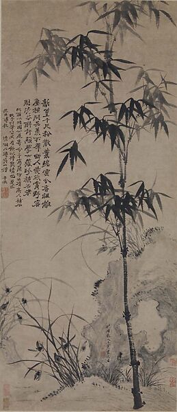 Orchids, Bamboo, and Rocks, Shitao (Zhu Ruoji) (Chinese, 1642–1707), Hanging scroll; ink on paper, China 