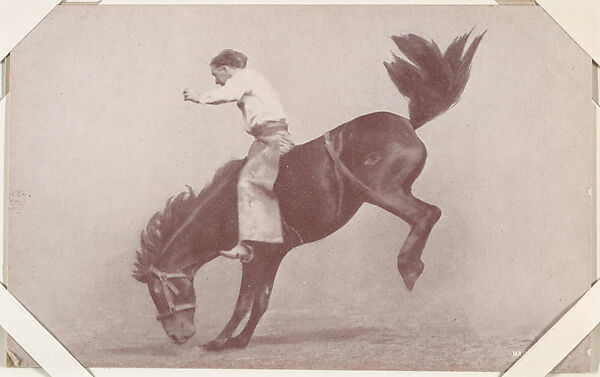 Cowboy riding bucking bronco from Indians and Western Historical Scenes series (W417), Commercial color photolithograph 