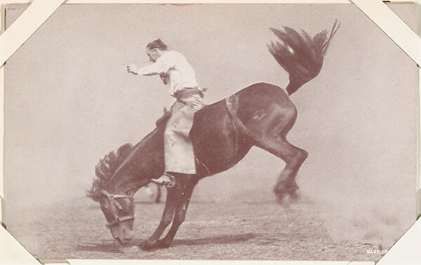 Cowboy riding bucking bronco from Indians and Western Historical Scenes series (W417), Commercial color photolithograph 