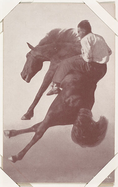 Cowboy riding bucking bronco from Indians and Western Historical Scenes series (W417), Commercial color photolithograph 