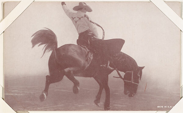 Cowboy riding bucking bronco from Indians and Western Historical Scenes series (W417), Commercial color photolithograph 