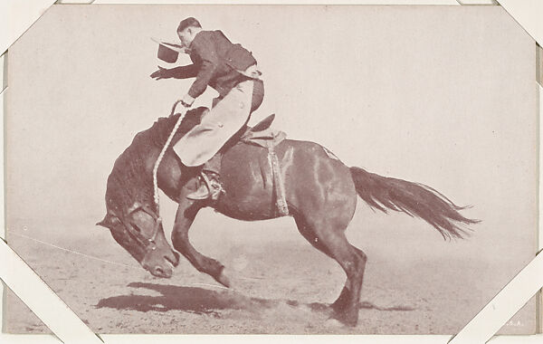 Cowboy with hat falling off riding bucking bronco from Indians and Western Historical Scenes series (W417), Commercial color photolithograph 