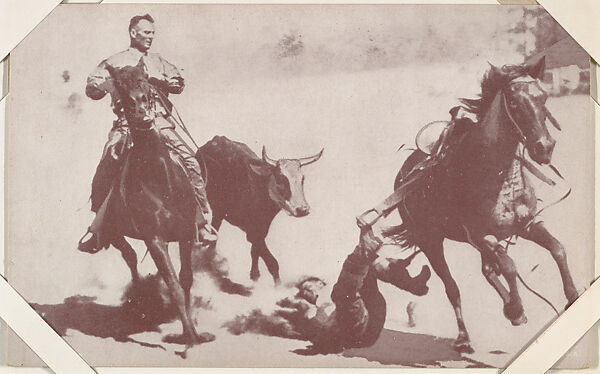 Cowboy on ground after fall from bucking bronco from Indians and Western Historical Scenes series (W417), Commercial color photolithograph 