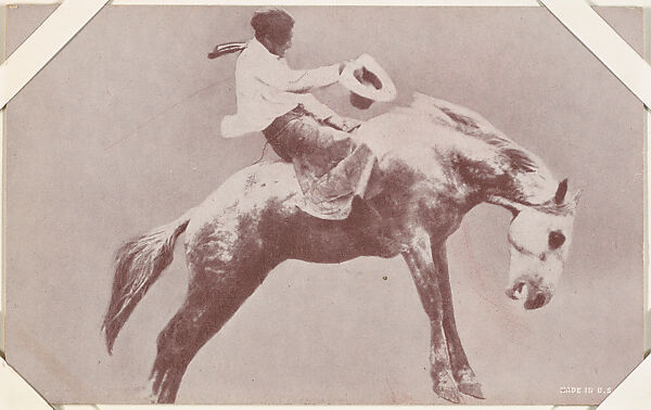 Cowboy with hat in hand riding horse from Indians and Western Historical Scenes series (W417), Commercial color photolithograph 