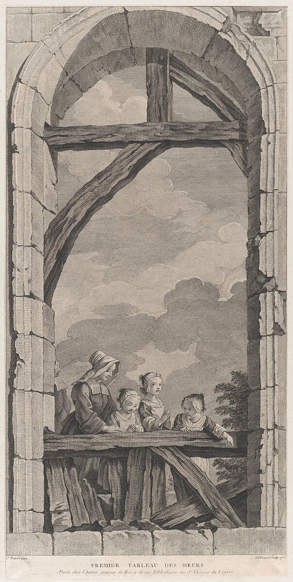 The Chapel of the Enfants-Trouvés in Paris: Religieuse et petites filles regardant la crèche, Etienne Fessard (French, Paris 1714–1777 Paris), Etching and engraving 