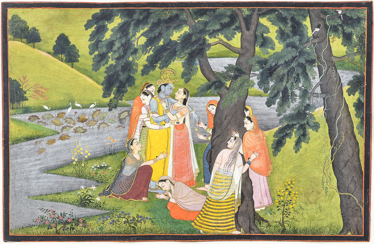 "Krishna and the Gopis on the Bank of the Yamuna River", Folio from the "Second" or "Tehri Garhwal" Gita Govinda (Song of the Cowherd), Opaque watercolor and gold on paper; dark blue border with red inner rules, India 