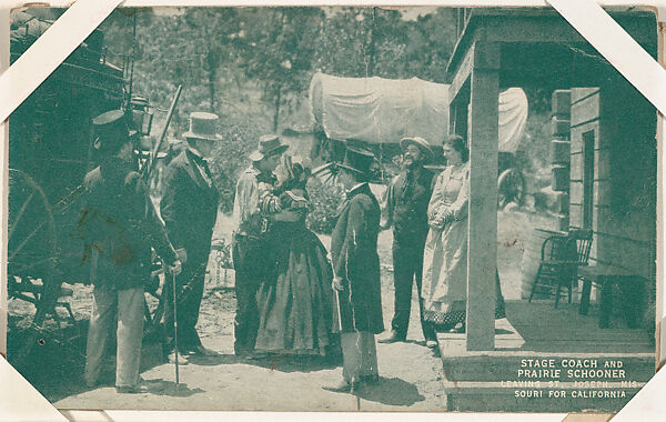 Stage coach and prairie schooner leaving St. Joseph, Missouri from Western Stars or Scenes Exhibit Cards series (W412), Commercial color photolithograph 