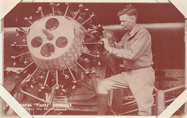 Capt. Charles "Plucky" Lindbergh Tunes His Motor from Lindbergh Exhibit Cards series (W451), Exhibit Supply Company, Commercial color photolithograph 