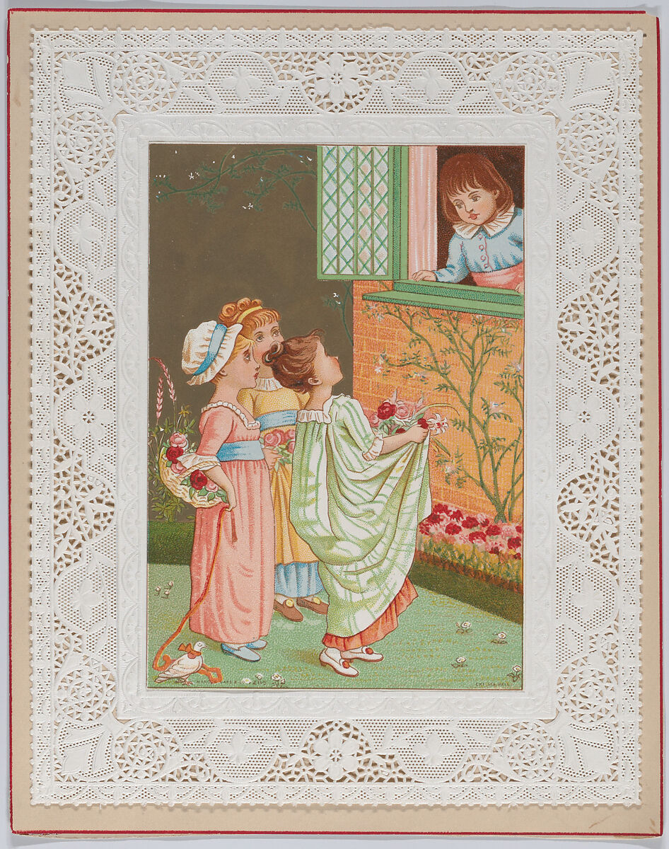 Valentine, Kate Greenaway (British, London 1846–1901 London), White card stock with gilding; chromolithography, gold lithography, beige paper, red watercolor, cameo-embossed lace paper 