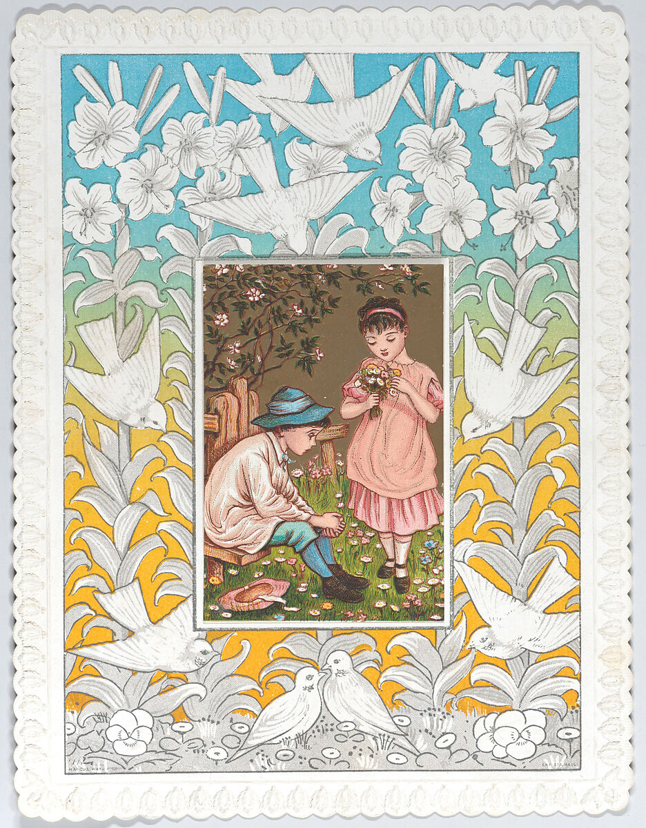 Valentine, Kate Greenaway (British, London 1846–1901 London), White card stock with gilding; white card with embossed border; chromolithography, gold lithography, ink 