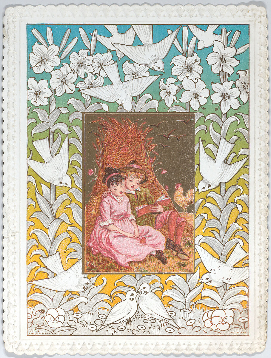 Valentine, Kate Greenaway (British, London 1846–1901 London), White card stock with gilding; white card with embossed border; chromolithography, gold lithography 