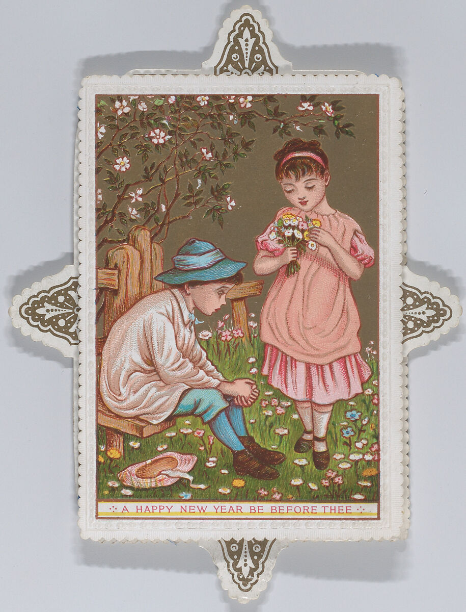 Valentine, Kate Greenaway (British, London 1846–1901 London), White card stock with gilding; white card with embossed border; chromolithography, gold lithography 