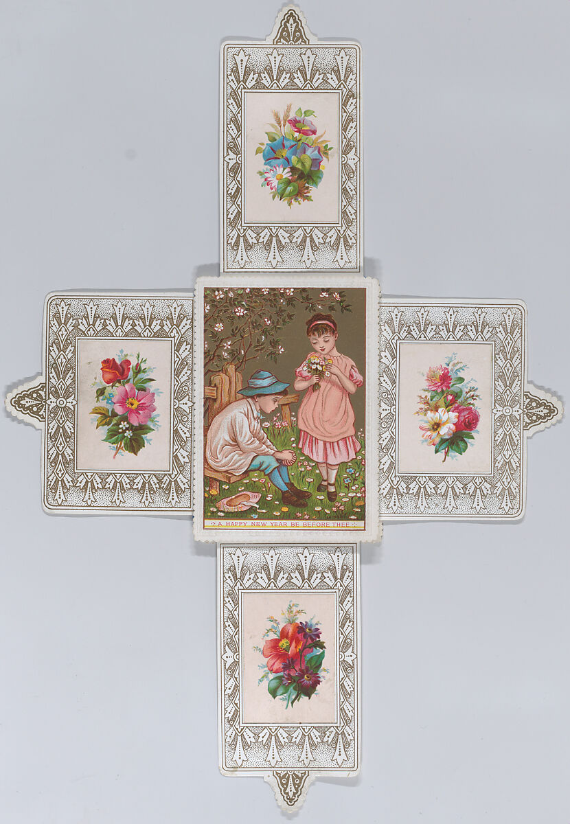 Valentine, Kate Greenaway (British, London 1846–1901 London), White card stock with gilding; white card with embossed border; chromolithography, gold lithography