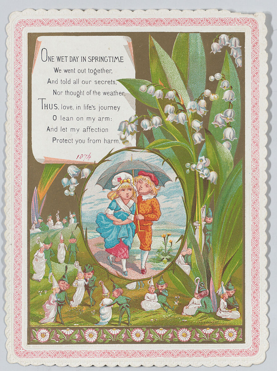 Valentine, Kate Greenaway (British, London 1846–1901 London), White card with embossed, scalloped border; chromolithography, gold lithography, red ink 