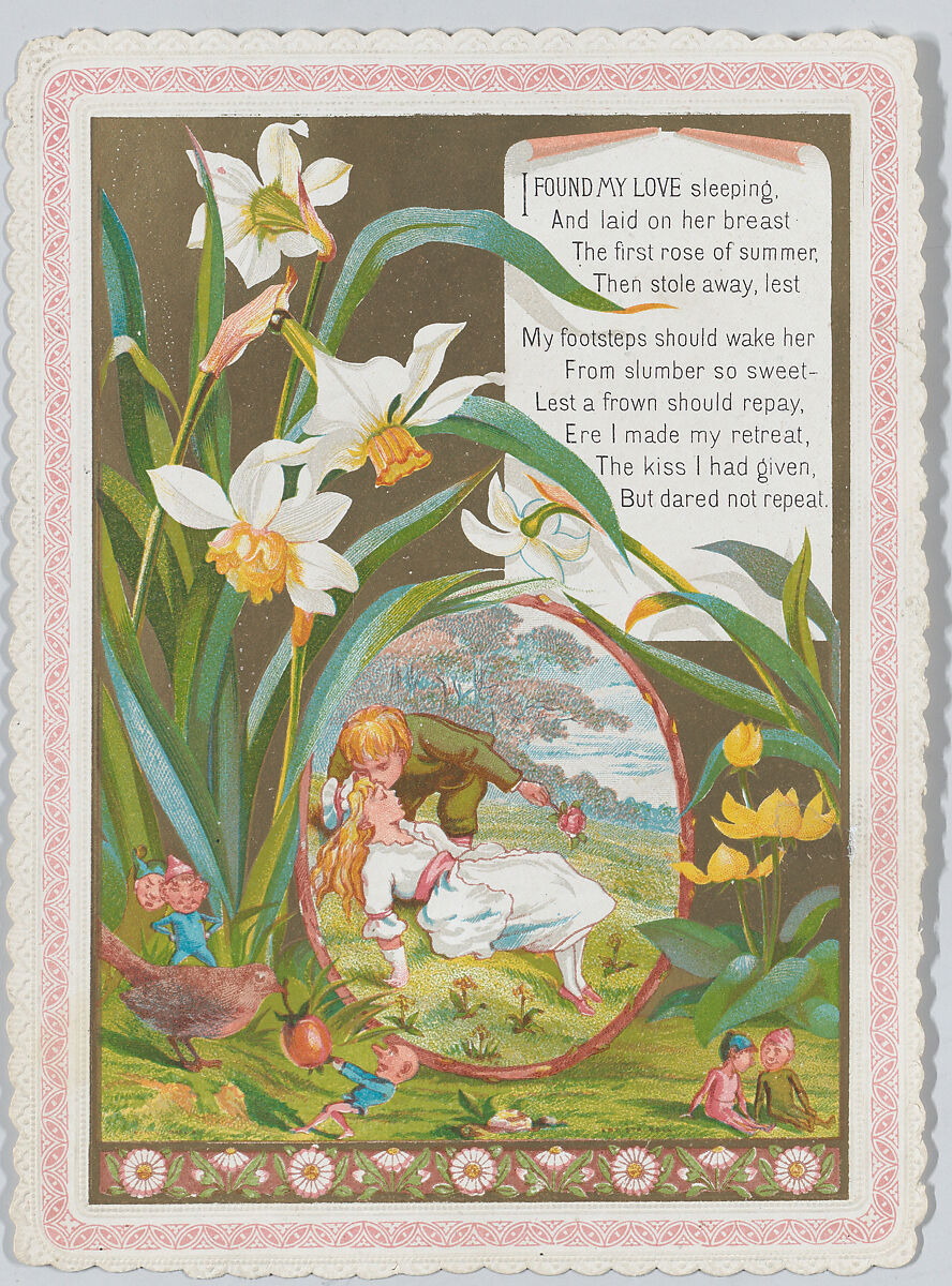 Valentine, Kate Greenaway (British, London 1846–1901 London), White card with embossed, scalloped border; chromolithography, gold lithography 
