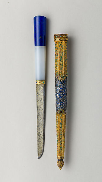 Imperial Lapis Lazuli and Jade-Hilted Knife with Sheath, Steel, gold, silver, lapis lazuli, jade, coral, enamel, Chinese