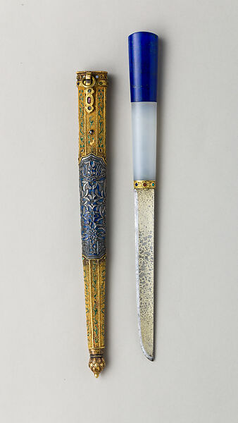 Imperial Lapis Lazuli and Jade-Hilted Knife with Sheath, Steel, gold, silver, lapis lazuli, jade, coral, enamel, Chinese 