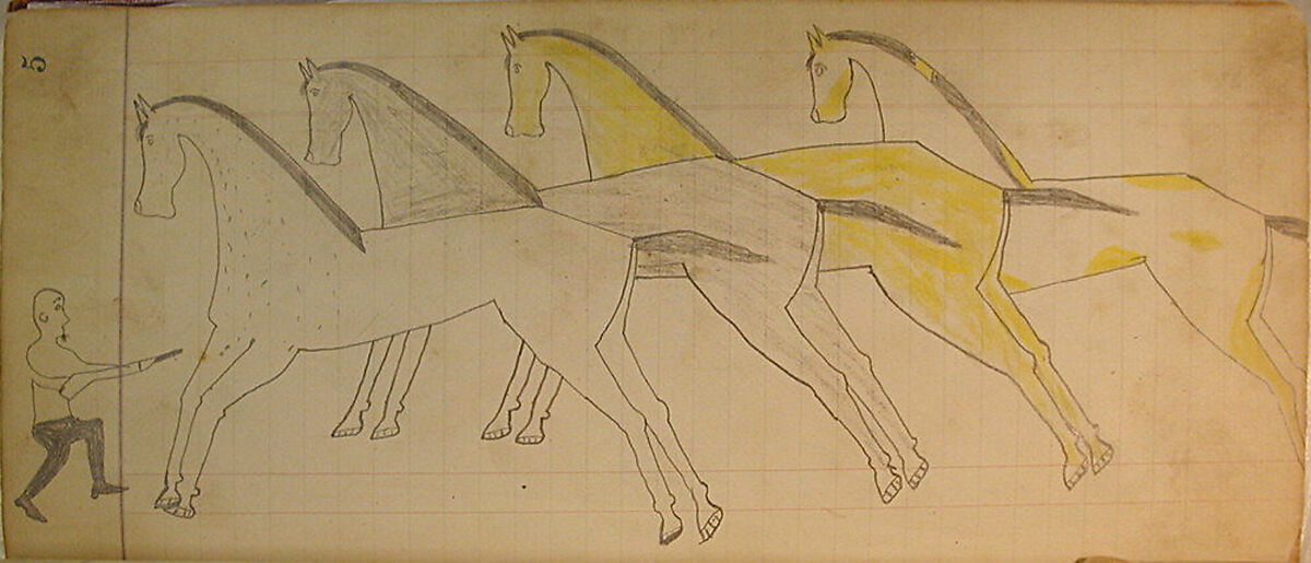 Maffet Ledger: Man with Gun, Four Horses, Graphite, watercolor, and crayon on paper, Southern and Northern Cheyenne 