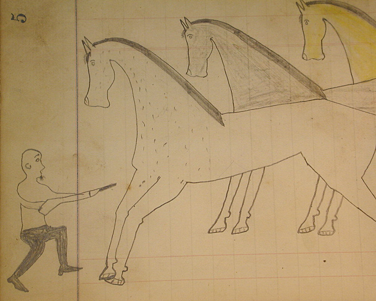 Maffet Ledger: Man with Gun, Four Horses, Graphite, watercolor, and crayon on paper, Southern and Northern Cheyenne
