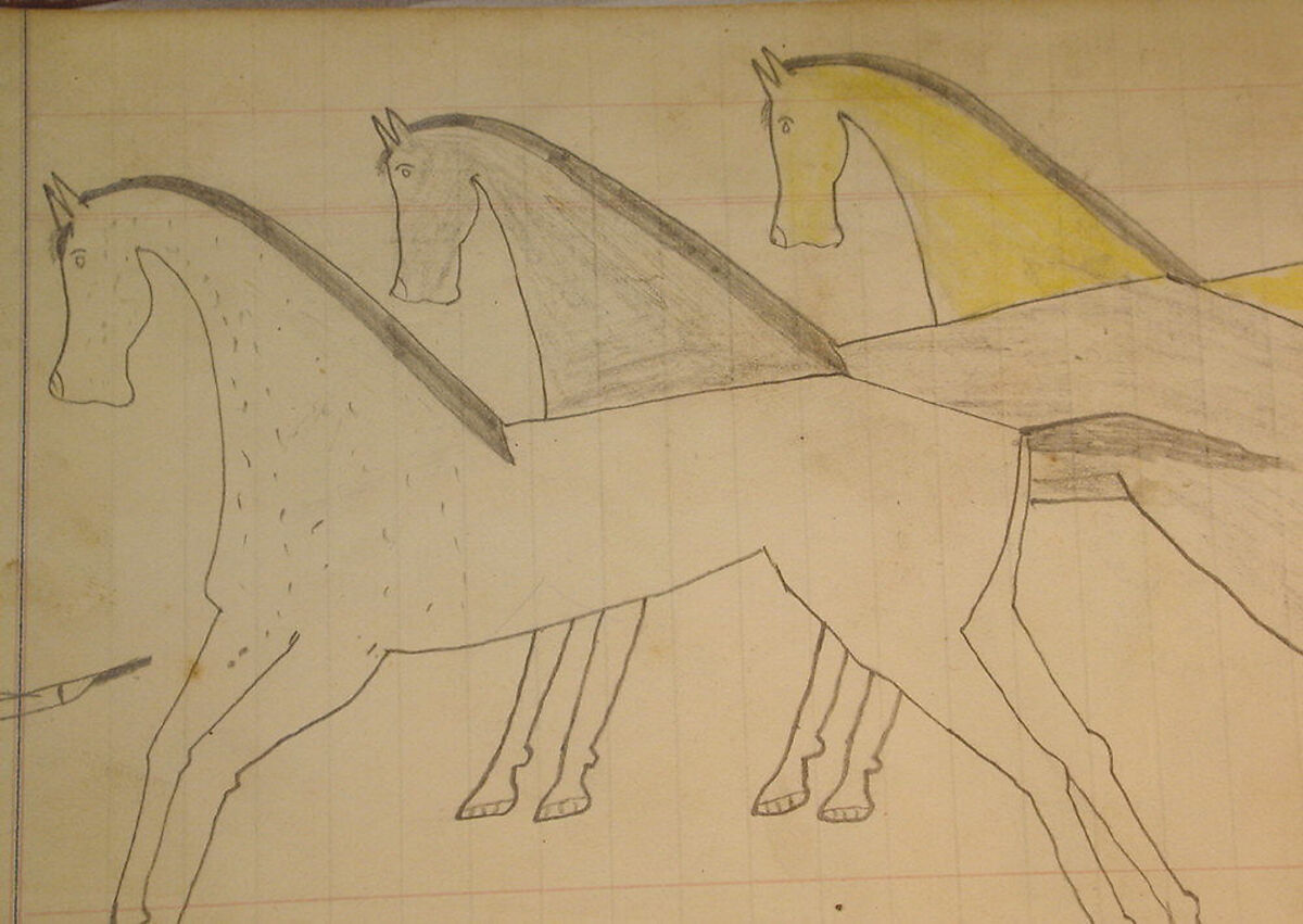 Maffet Ledger: Man with Gun, Four Horses, Graphite, watercolor, and crayon on paper, Southern and Northern Cheyenne