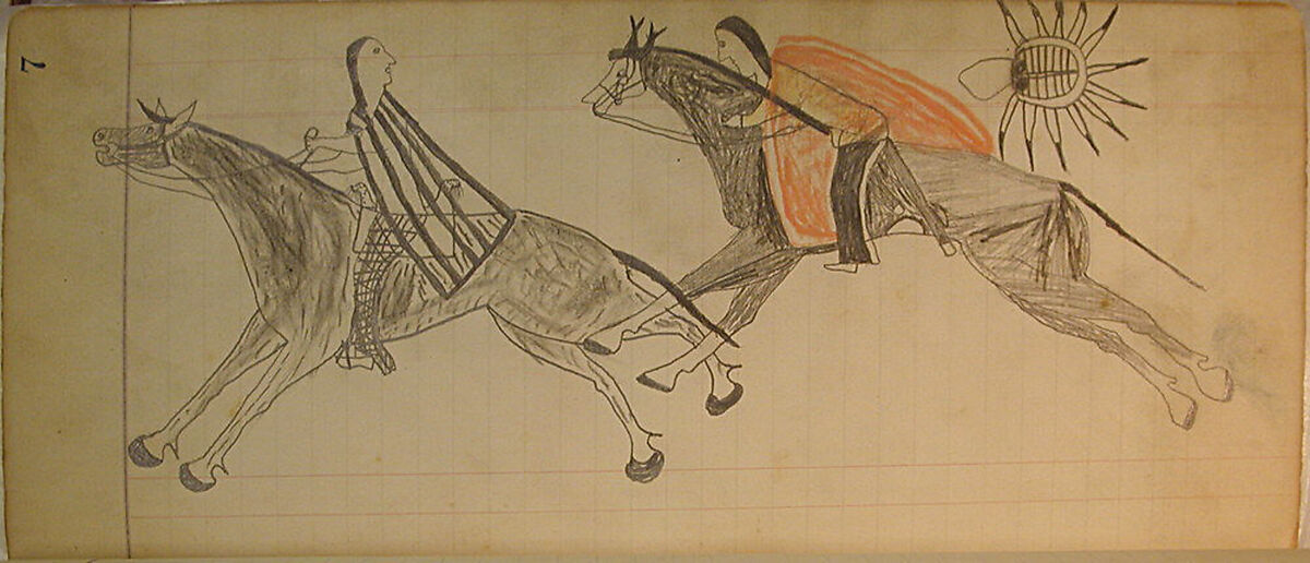 Maffet Ledger: Two Mounted Indians, Graphite, watercolor, and crayon on paper, Southern and Northern Cheyenne 