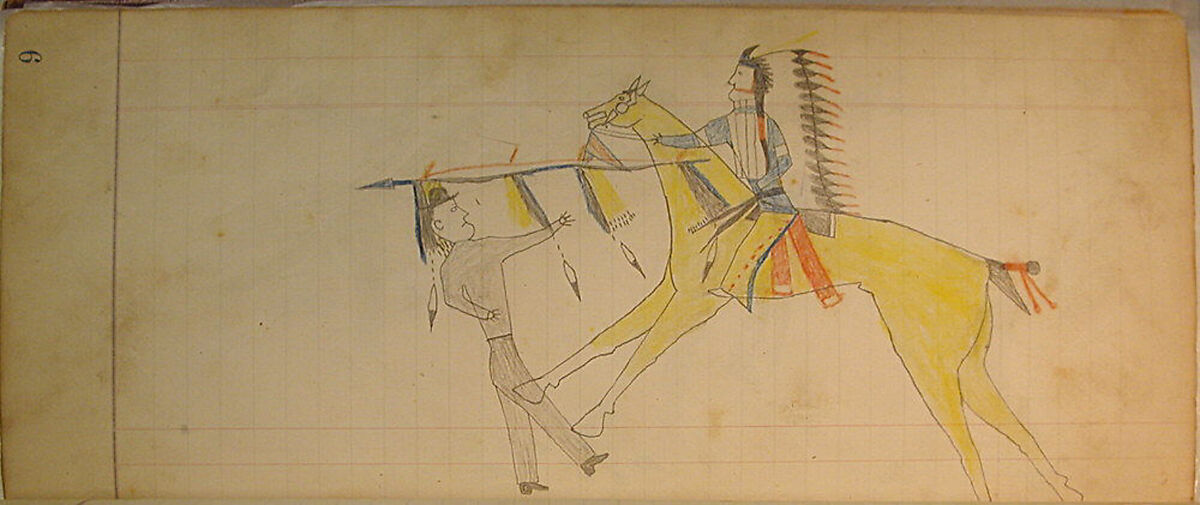 Maffet Ledger: Indian Counting Coup (yellow horse, two figures), Graphite, watercolor, and crayon on paper, Southern and Northern Cheyenne 