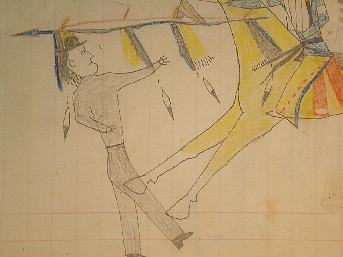 Maffet Ledger: Indian Counting Coup (yellow horse, two figures), Graphite, watercolor, and crayon on paper, Southern and Northern Cheyenne
