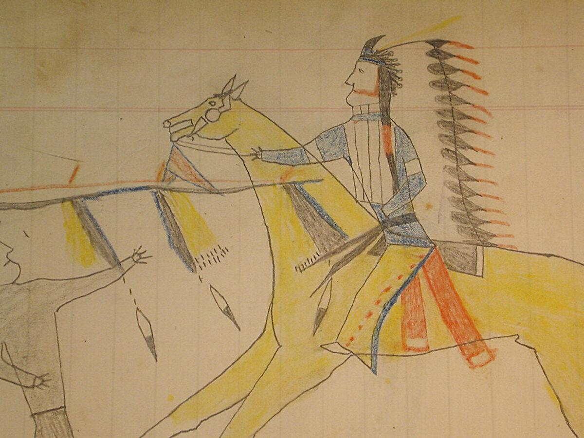 Maffet Ledger: Indian Counting Coup (yellow horse, two figures), Graphite, watercolor, and crayon on paper, Southern and Northern Cheyenne