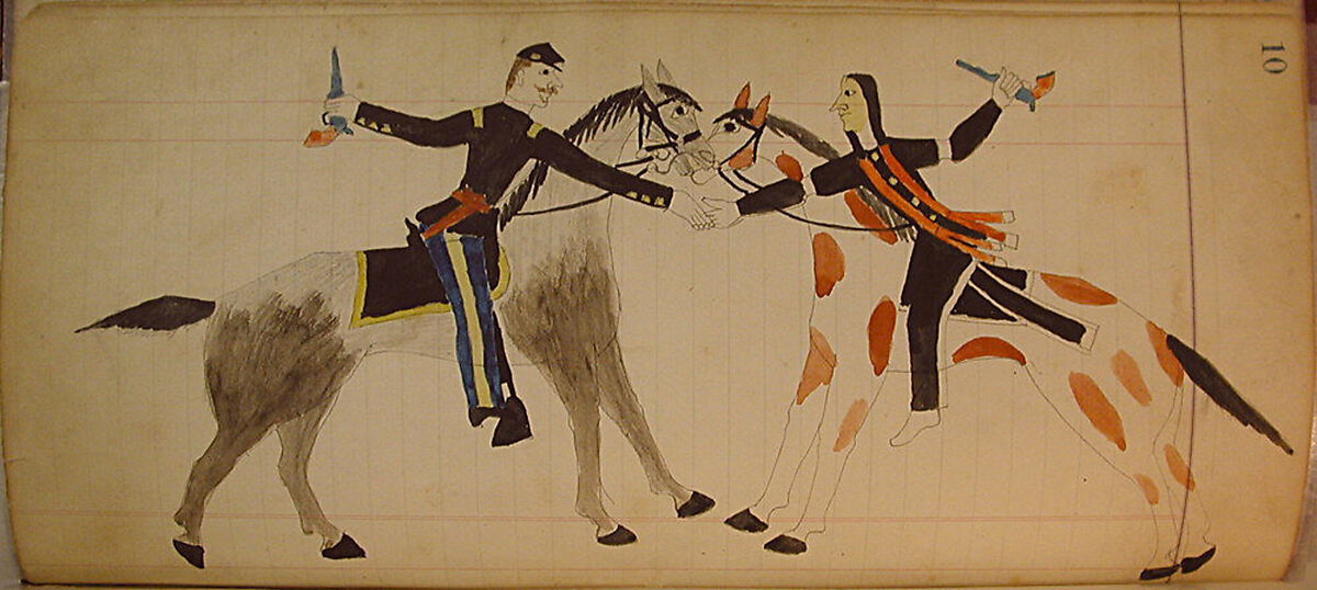 Maffet Ledger: Mounted Soldier and Indian Shaking Hands, Graphite, watercolor, and crayon on paper, Southern and Northern Cheyenne 