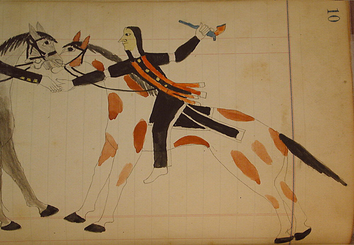 Maffet Ledger: Mounted Soldier and Indian Shaking Hands, Graphite, watercolor, and crayon on paper, Southern and Northern Cheyenne