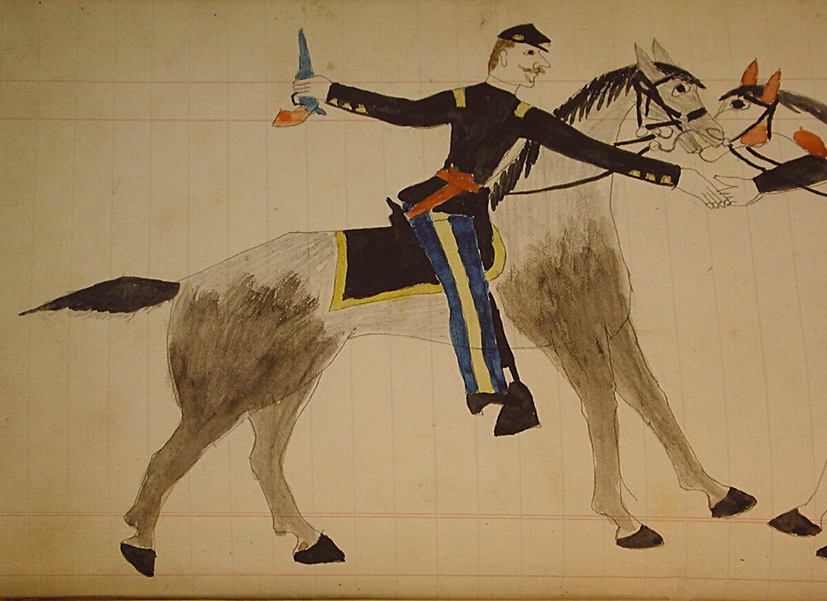 Maffet Ledger: Mounted Soldier and Indian Shaking Hands, Graphite, watercolor, and crayon on paper, Southern and Northern Cheyenne
