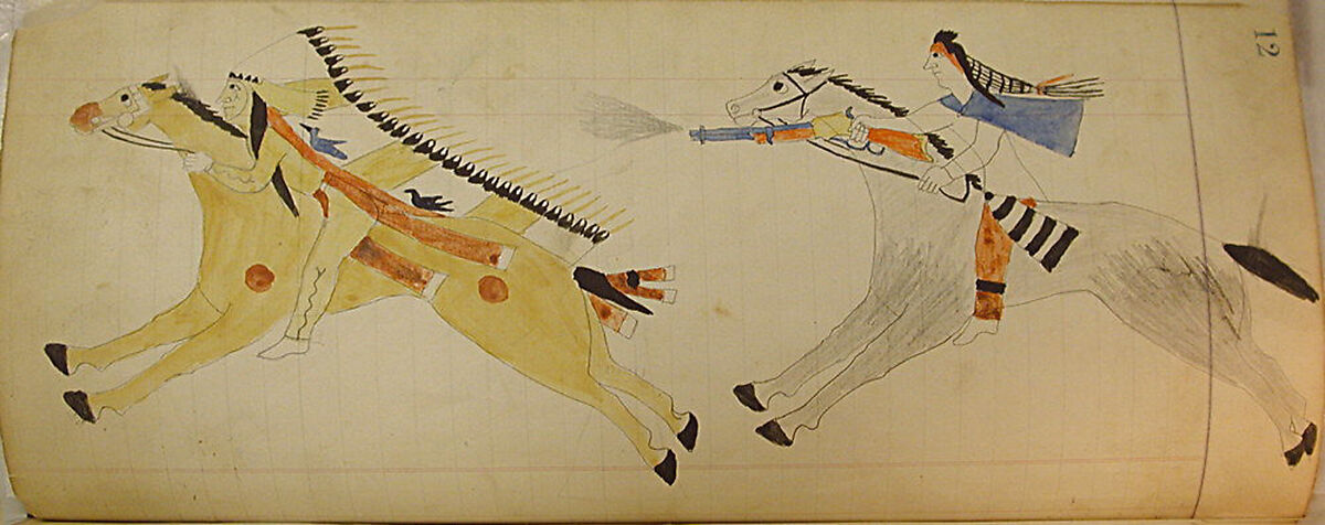 Maffet Ledger: Two Mounted Indians, Graphite, watercolor, and crayon on paper, Southern and Northern Cheyenne 