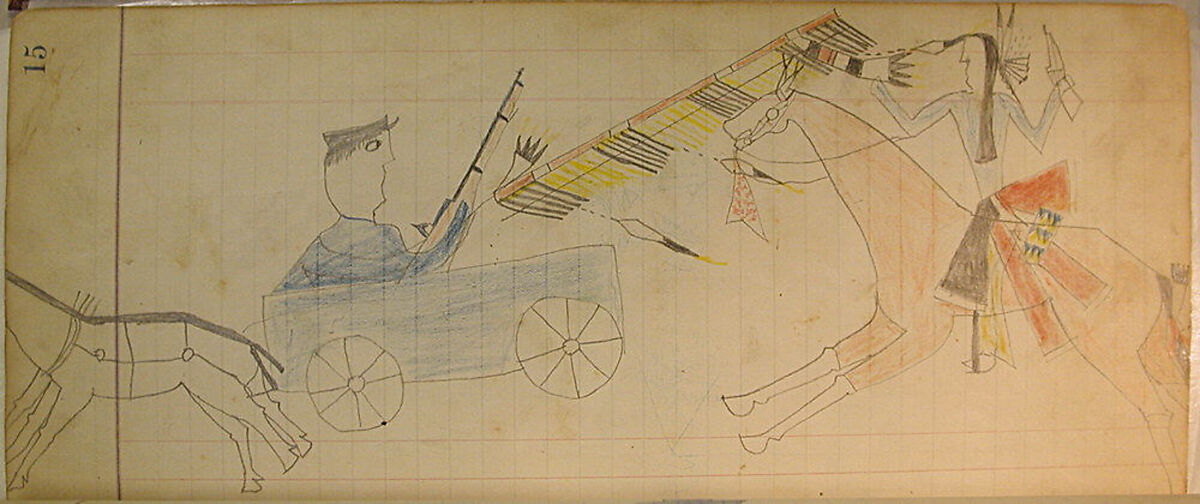 Maffet Ledger: Indian on horseback, soldier in wagon, Graphite, watercolor, and crayon on paper, Southern and Northern Cheyenne 